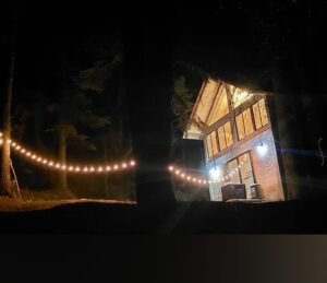 Cabaña tipo loft iluminada de noche entre los árboles, Jardín y Cabañas DANINI