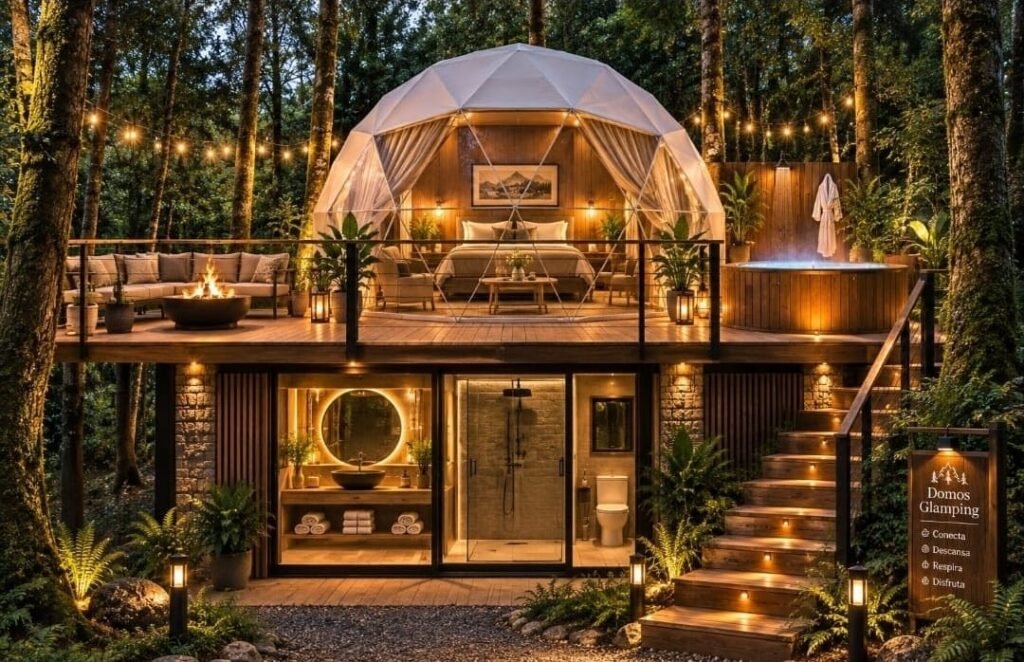 Domo geodésico con terraza y jacuzzi privado entre árboles al atardecer, Jardín y Cabañas DANINI