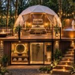 Domo geodésico con terraza y jacuzzi privado entre árboles al atardecer, Jardín y Cabañas DANINI