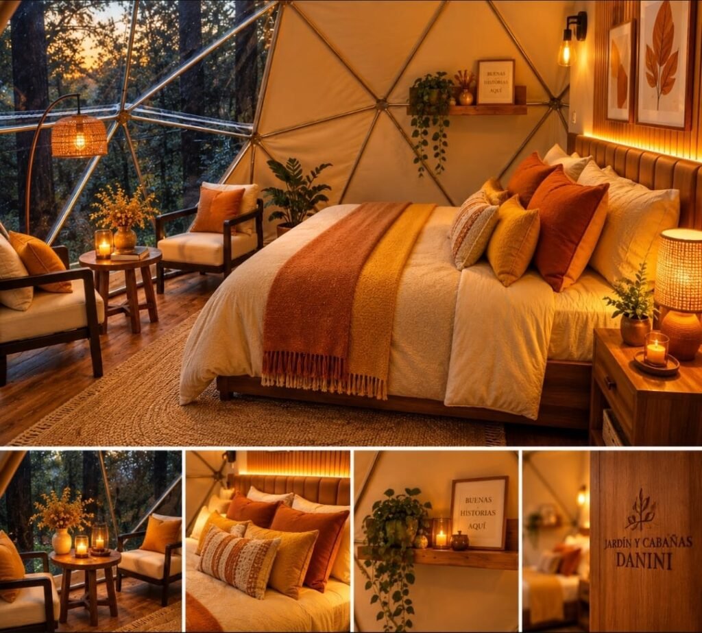 Interior cálido de domo geodésico con cama matrimonial, DANINI