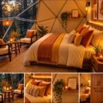 Interior cálido de domo geodésico con cama matrimonial, DANINI