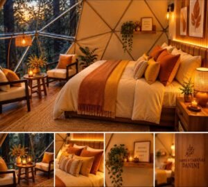 Interior cálido de domo geodésico con cama matrimonial, DANINI